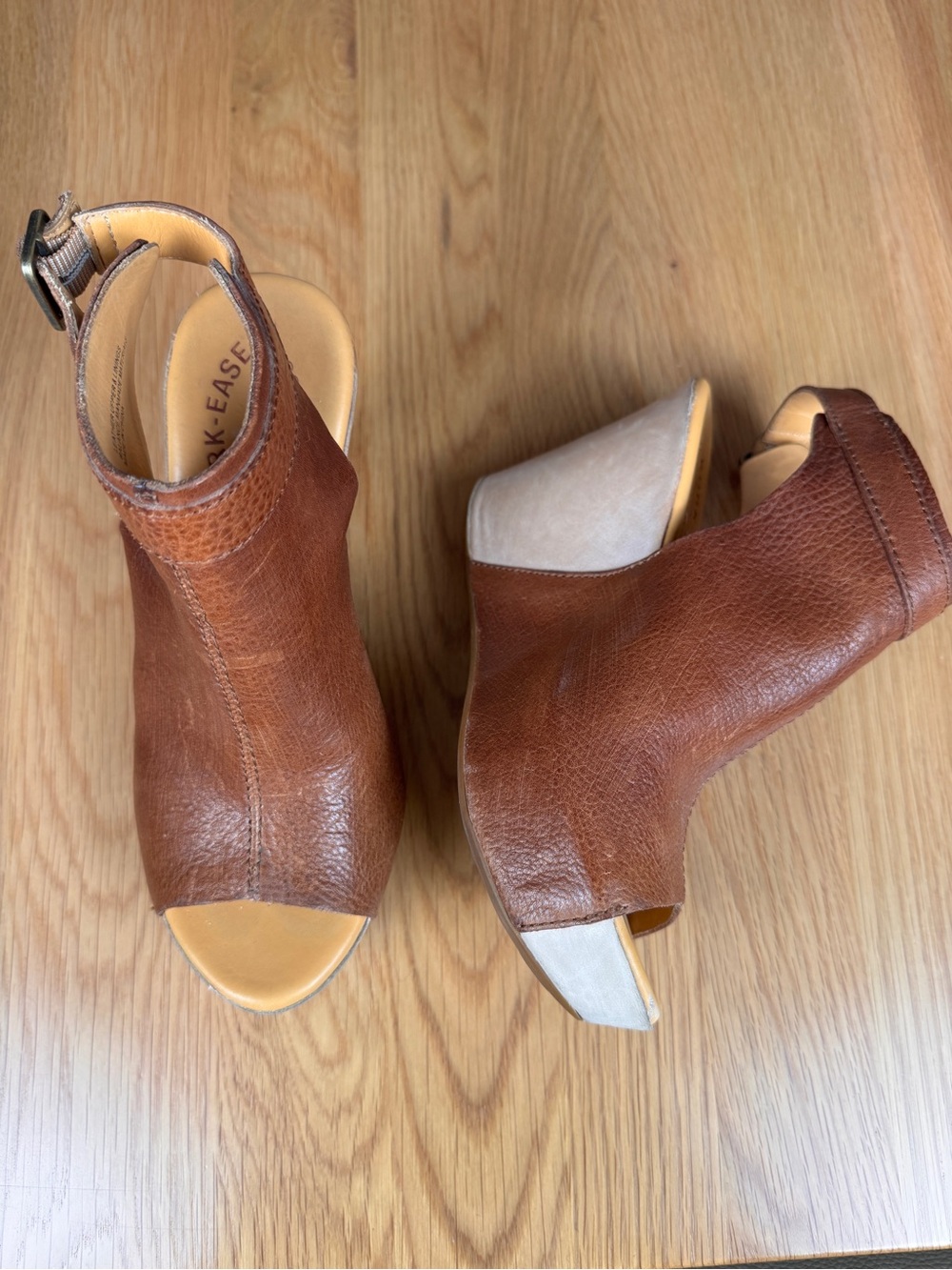 Kork-Ease Women's Brown Leather Peep-Toe Platform Sandals with Cream Wedge